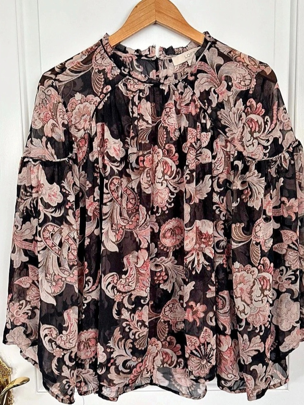 LOFT Sheer Floral Paisley Peasant Top Black Pink Long Sleeve M Boho VTG Romantic